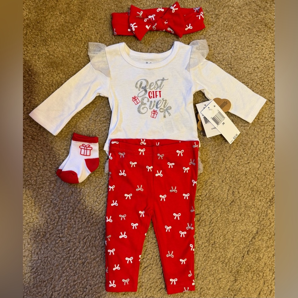 Holiday 3 month White and Red Baby Outfit with Bow Print, Headband, and Socks